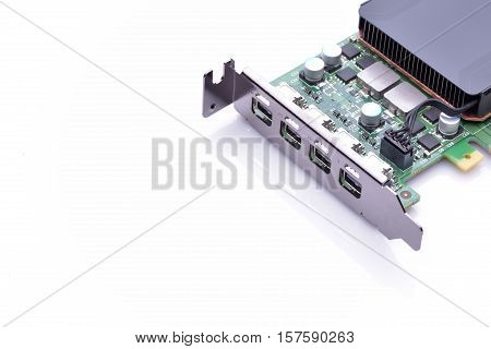 Professional video card from a powerful workstation with more mini display ports isolated on white