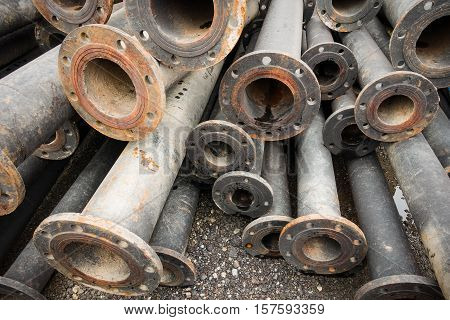 Storage of sewage pipe fittings Cast iron pipe fittings.