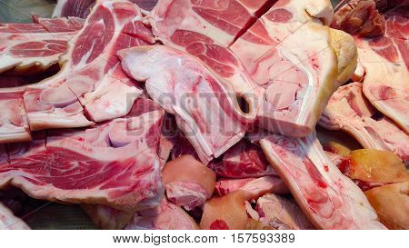 Meat raw Food - Close up pork leg split in market