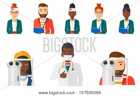 Woman undergoing an eye medical examination at the ophthalmologist. Man visiting ophthalmologist. Man during an eye examination. Set of vector flat design illustrations isolated on white background.