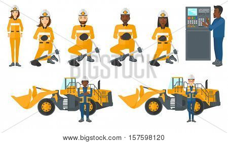 Man working on control panel. Man pressing button on control panel. Engineer standing in front of control panel. Miner with coal. Set of vector flat design illustrations isolated on white background.