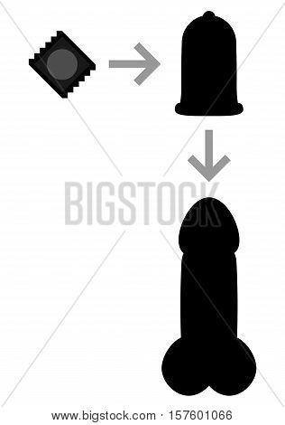 Black silhouette of condom simple manual. Illustrative practice of using condom as flat simple black illustration isolated on white background.