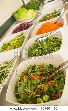 Close-up, soft focus salad bar with a variety of fresh vegetables. Colorful organic raw slice of lettuce, carrots, rukula, cucumber and pecans. Healthy eating food. (selective focus)