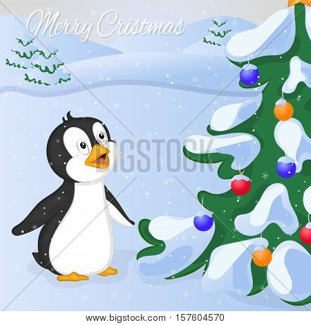 Funny and cute penguin saw Cristmas Tree at the first time. Merry Christmas and Happy New year card. Christmas card in cartoon style. Vector illustration. New Year Collection.