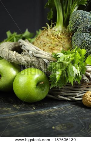 Green vegetables and fruits - celery apples celery root celeriac broccoli healthy diet concept