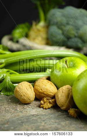 Green vegetables and fruits - celery apples celery root celeriac broccoli healthy diet concept
