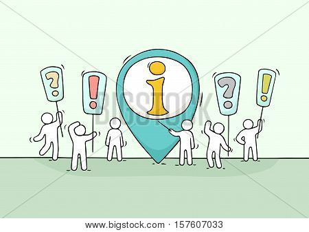 Sketch of working little people with info sign. Doodle cute miniature scene of workers trying to solve problem. Hand drawn cartoon vector illustration for business design.
