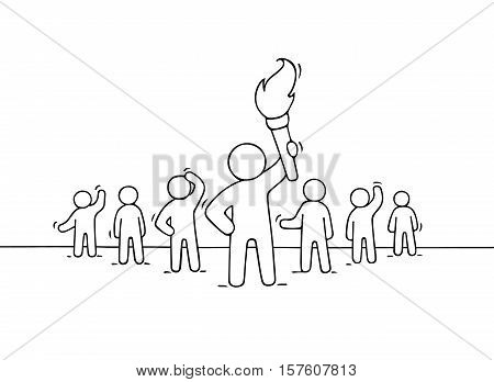 Sketch of working little people and leader with torch. Doodle cute concept about teamwork about power. Hand drawn cartoon vector illustration for business design.