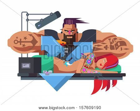Tattoo master. Machine professional, fashion tattooing, tattooist art, artist and body, flat vector illustration