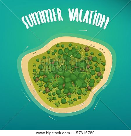 Beautiful lonely tropical island with dense vegetation and the beach on the high seas. Aerial view. Lettering summer vacation