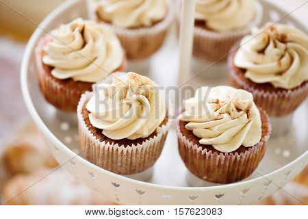 Close up, cupcakes with vanilla cream in white cakestand. Studio shot.