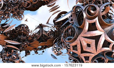 3D illustration of virtual scener with polymetallic abstract fragment against the blue