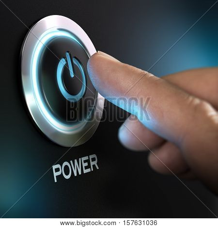 Finger about to press power button on a computer. Composite between an image and a 3D background
