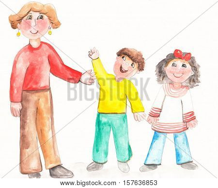 watercolor young teacher with smiling children happy
