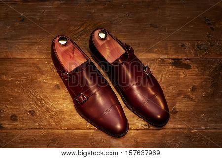Still life with men's leather shoes.