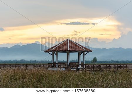 Beautiful sunset with pavilion in Sam Roi Yot National Park Prachuap Khiri Khan Thailand