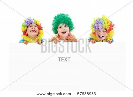 Funny clowns at the party with white blank