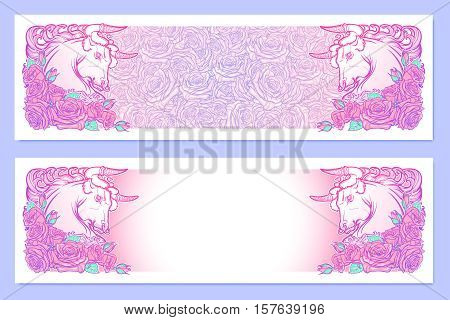 Horizontal banners with Zodiac Taurus and a decorative frame of roses. Astrology web element. Tattoo design. Sketch in pastel pallette isolated on elegant pattern background. EPS10 vector illustration