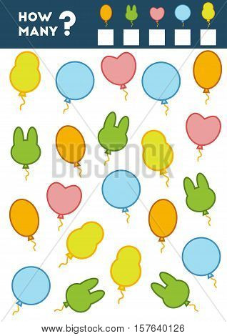 Counting Game for Preschool Children. Educational a mathematical game. Count how many items and write the result! Balloons