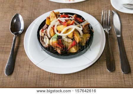 Traditional Georgian vegeterian dish served in earthenware. The national cuisine of Georgia. Europe.
