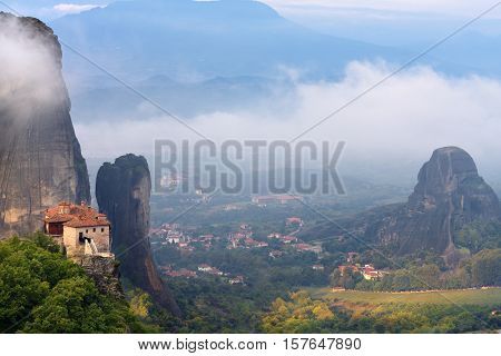 Meteora Landscape And Monastery Roussanov, Meteora, Greece