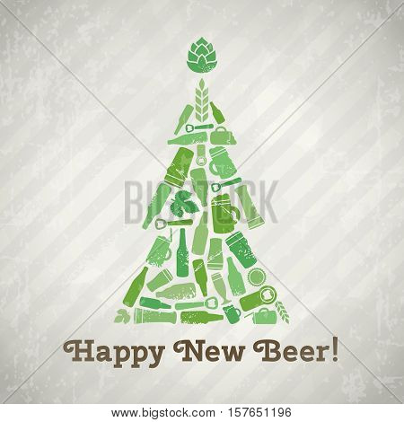 Vector christmas tree beer poster. Happy new beer tagline. Christmas tree made of craft beer bottles, beer mugs, glasses, beer ingredients and accessories. Vintage new year background in grunge style