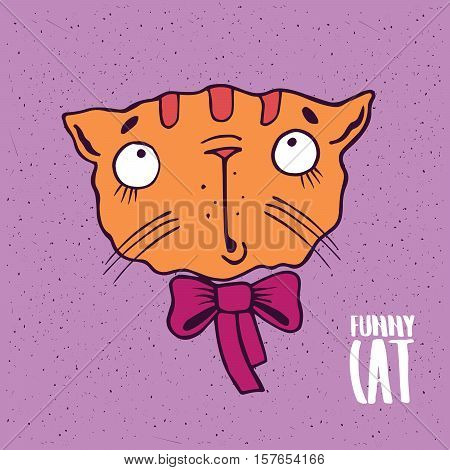 Cute Cat With A Bow In Handmade Cartoon Style