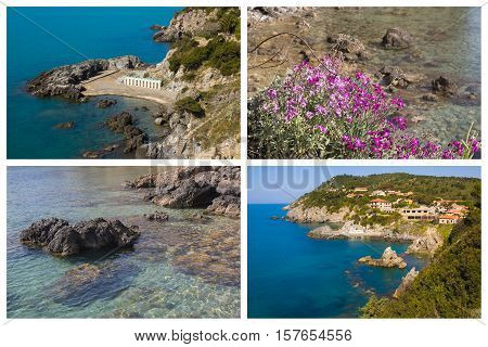 Collage with photos of Talamone sea in Tuscany, Italy