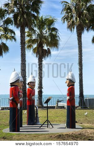 GEELONG, AUSTRALIA - OCTOBER 23, 2016:  Some of the 104 different bollards in Geelong along the baywalk.  All made by Jan Mitchell and represent a chronicle of the city's past.