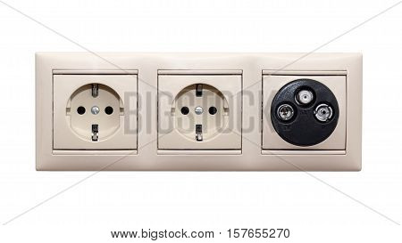 Electric and TV sockets on a white bacground. Wall outlet.