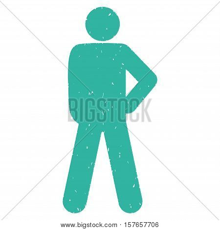 Audacity Pose grainy textured cyan icon for overlay watermark stamps. Flat symbol with scratched texture. Dotted vector ink rubber seal stamp with grunge design on a white background.