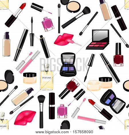 Makeup, Perfume, Cosmetics Seamless Pattern.