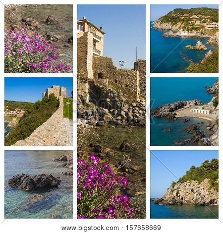 Collage with more photos of Talamone sea in Tuscany