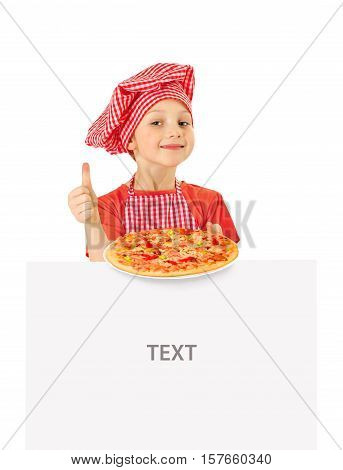 Funny little girl holding pizza and white blank slate.