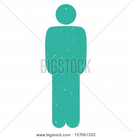 Standing Man grainy textured cyan icon for overlay watermark stamps. Flat symbol with dust texture. Dotted vector ink rubber seal stamp with grunge design on a white background.
