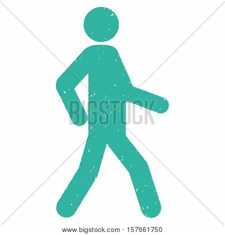 Walking Man grainy textured cyan icon for overlay watermark stamps. Flat symbol with scratched texture. Dotted vector ink rubber seal stamp with grunge design on a white background.