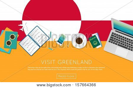 Visit Greenland Concept For Your Web Banner Or Print Materials. Top View Of A Laptop, Sunglasses And