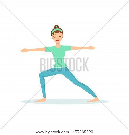Warrior Two Virabhadrasana Yoga Pose Demonstrated By The Girl Cartoon Yogi With Ponytail In Blue Sportive Clothing Vector Illustration. Part Of Collection Of Yoga Asana Postures Drawing With Young Woman In Training Outfit