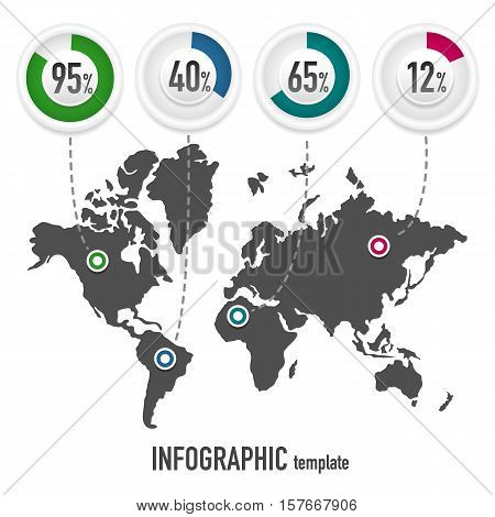 Vector template for infographics with a map of the earth and charts with percentages