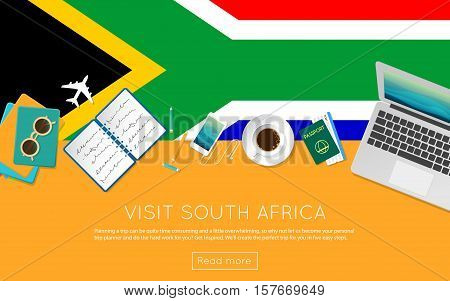 Visit South Africa Concept For Your Web Banner Or Print Materials. Top View Of A Laptop, Sunglasses