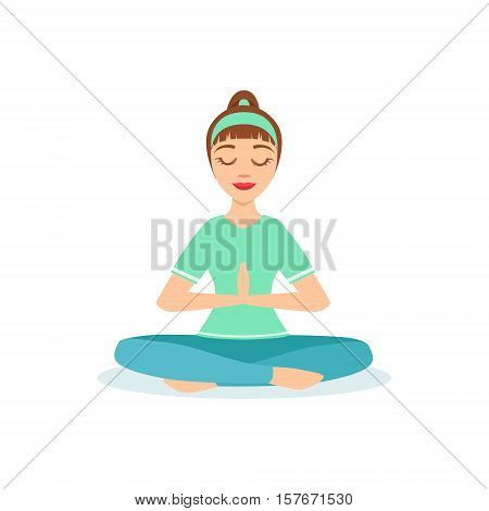 Lotus With Praying Hands Padmasana Yoga Pose Demonstrated By The Girl Cartoon Yogi With Ponytail In Blue Sportive Clothing Vector Illustration. Part Of Collection Of Yoga Asana Postures Drawing With Young Woman In Training Outfit