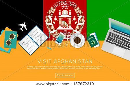 Visit Afghanistan Concept For Your Web Banner Or Print Materials. Top View Of A Laptop, Sunglasses A