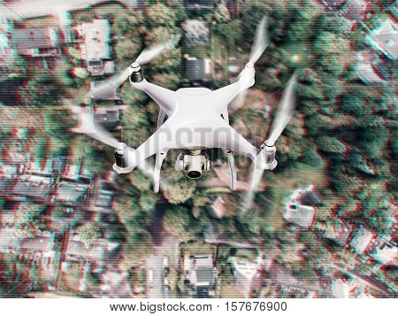 Hovering drone taking pictures of Dutch town, houses with gardens, green park with trees. Aerial view.