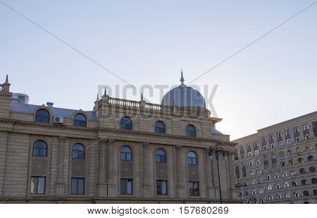Renovated old building facade. Eastern classic architecture