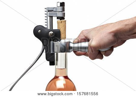 Closeup Of A Man Hand Using Modern Metal Cork Screw