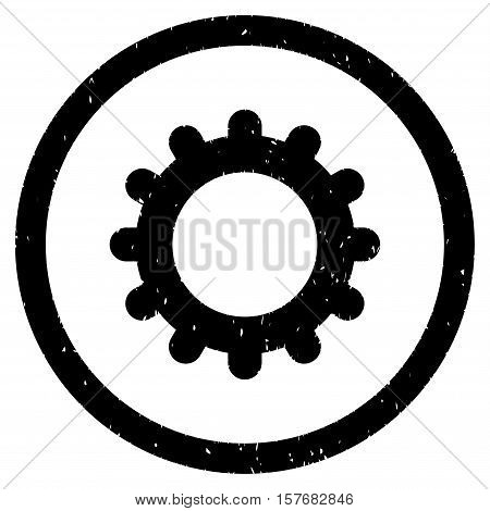 Gear rubber seal stamp watermark. Icon vector symbol with grunge design and corrosion texture. Scratched black ink emblem on a white background.