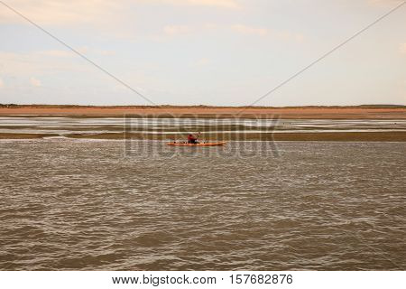 EL PUNTAL SOMO SPAIN - AUGUST 20: Kayaker rowing in the Cantabrian sea on August 20 2016