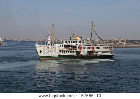ISTANBUL TURKEY - SEPTEMBER 15 2016: Sehir Hatlari ferry carry passengers between Asian and European sides of Istanbul. Sehir Hatlari was established in 1844 and now carry 150000 passengers a day.