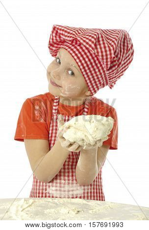 Happy little chefs preparing dough isolated on white