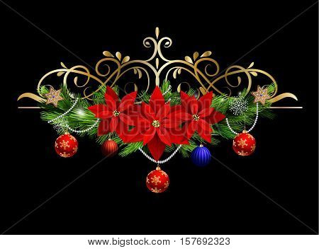 Christmas decoration with evergreen treess holly and pinecone and poinsettia and ribbon isolated